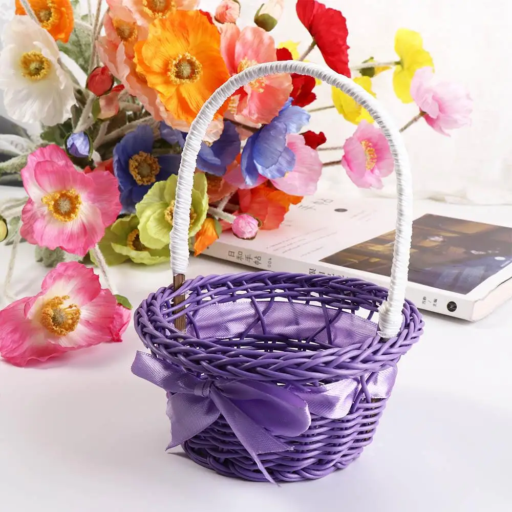 Imitation Rattan Round Small Flower Basket Pink/Purple/Orange/Blue/Yellow Decorative Woven Hand-held Flower Basket with handle