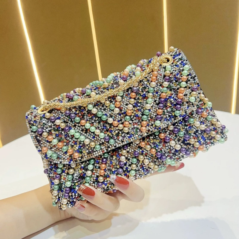 

Французская ретро-сумочка для вечерних выходов с жемчугом и стразами для женщин, блестящий квадратный клатч с откидной крышкой, красочные сумки с бисером, блестящая сумка-клатч.