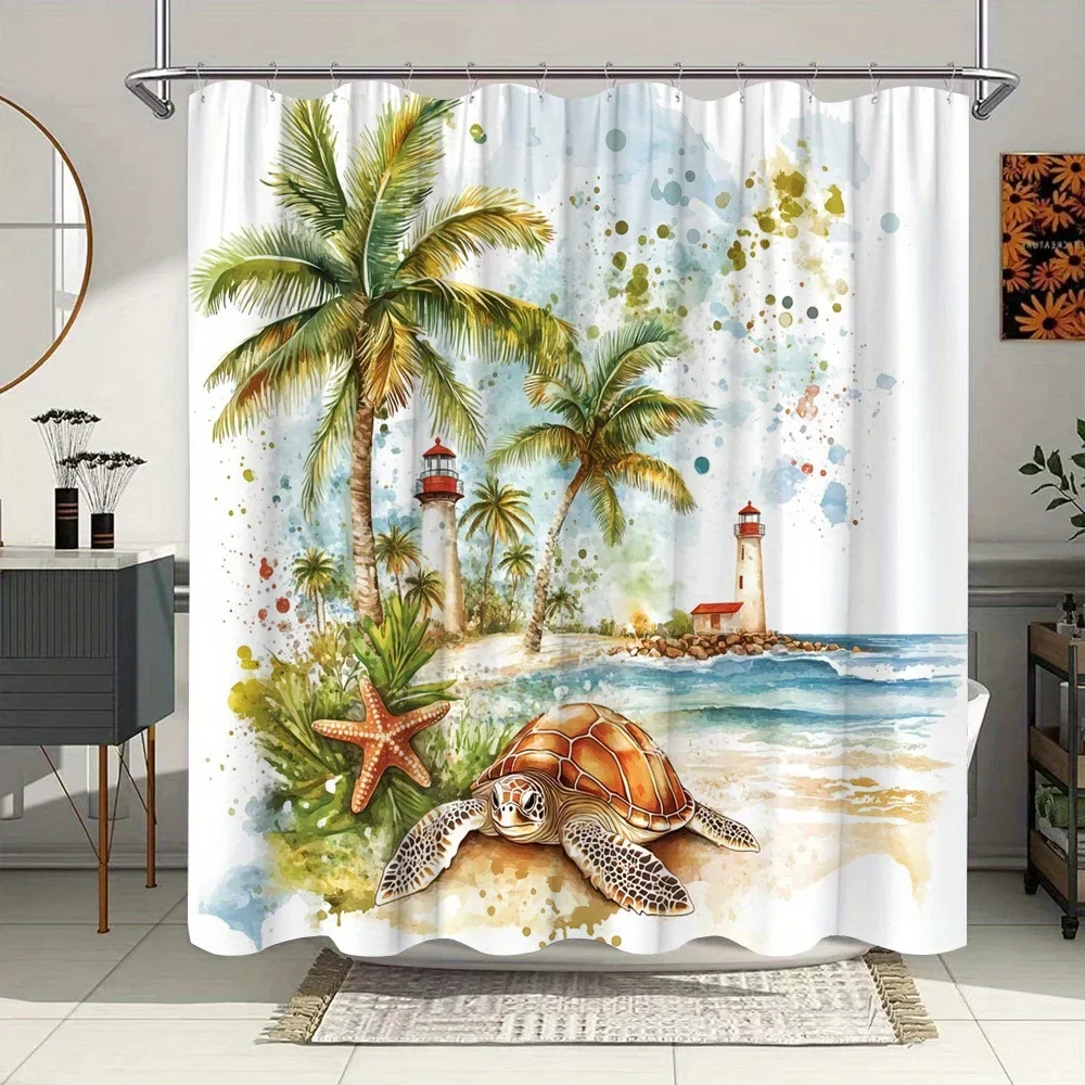 Tropical Beach Watercolor Shower Curtain - Brown Turtle, Palm Trees, Lighthouse, Starfish & Blue Ocean, Polyester