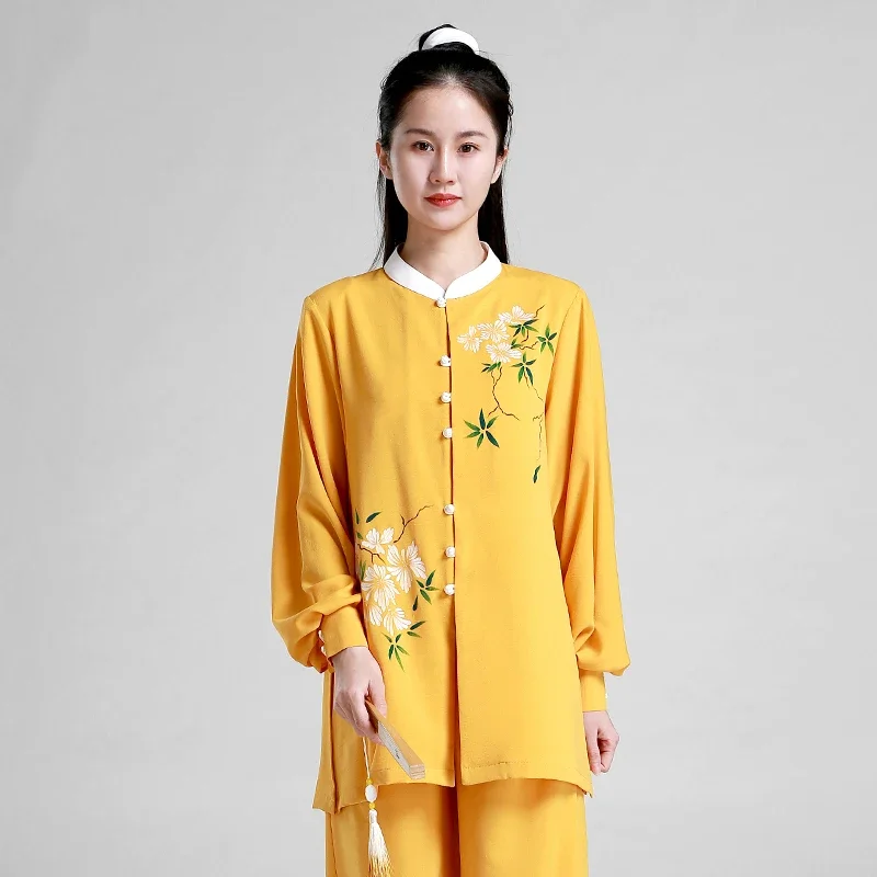 

Martial Art Uniform Kung Fu Dress Wushu Clothing Tai Chi Clothes Girl Women Kun Master Hand-painted Yellow 2023 New Style