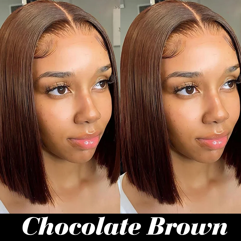 Idoli marrom bob peruca dianteira do laço cabelo humano em linha reta hd transparente corte romo chocolate marrom bob peruca de cabelo humano 13x4 perucas frontais