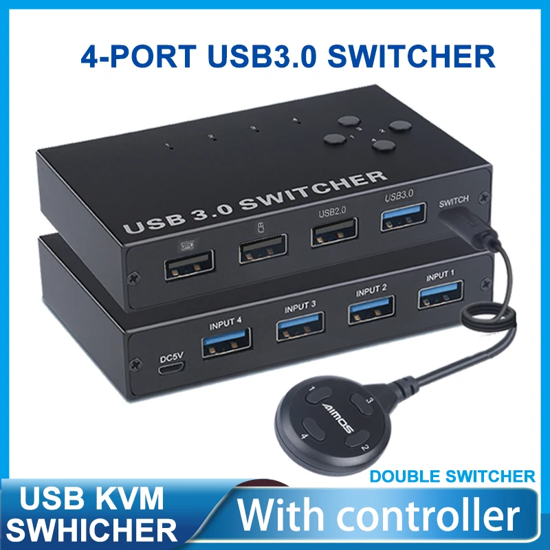 Conmutador USB con 4 puertos USB 3,0, conmutador KVM con controlador, divisor para compartir PC, teclado, ratón, Monitor de impresora, USB