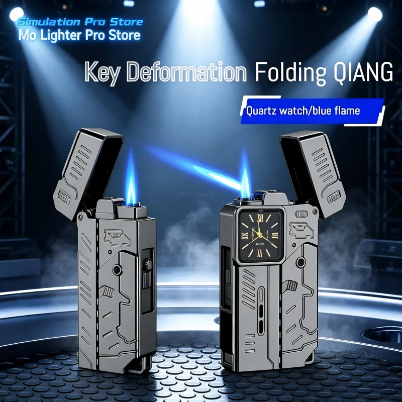 Cool Folding Watch‑Gun‑Shaped Torch Lighter, Metal Windproof Jet Blue Flame Butane Igniter