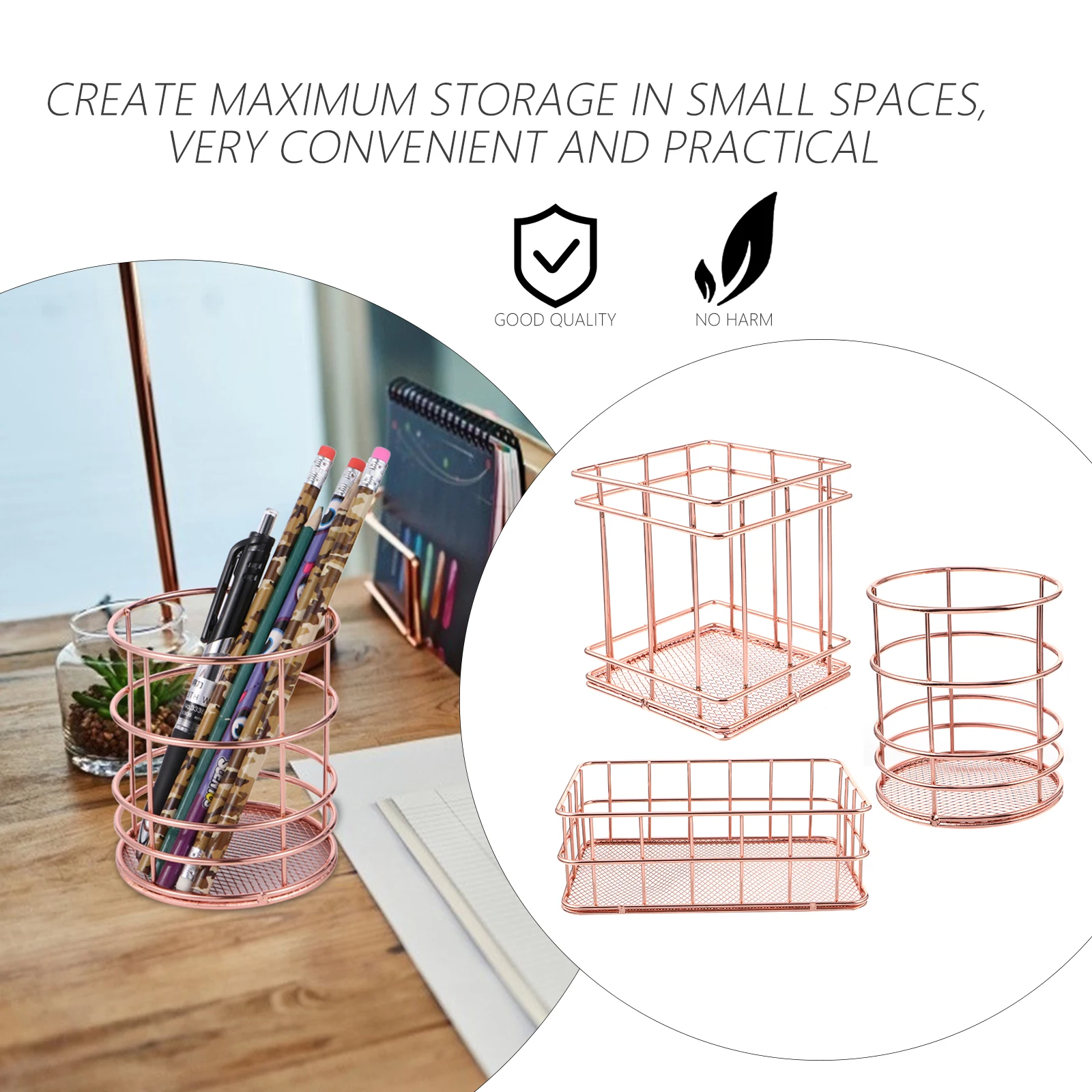 

Rose Gold Pen Holder Square Round Metal Basket Hollow Carved Storage Container Wrought Iron Small Space Desk Tidy Stainless