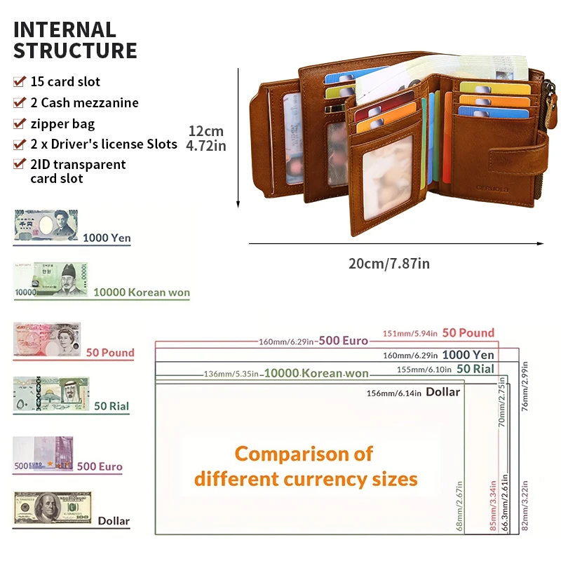 Carteira masculina de couro genuíno GERUOLA, carteira dobrável antirroubo com bloqueio RFID vintage, janela de identificação, bolso para moedas e fecho com zíper