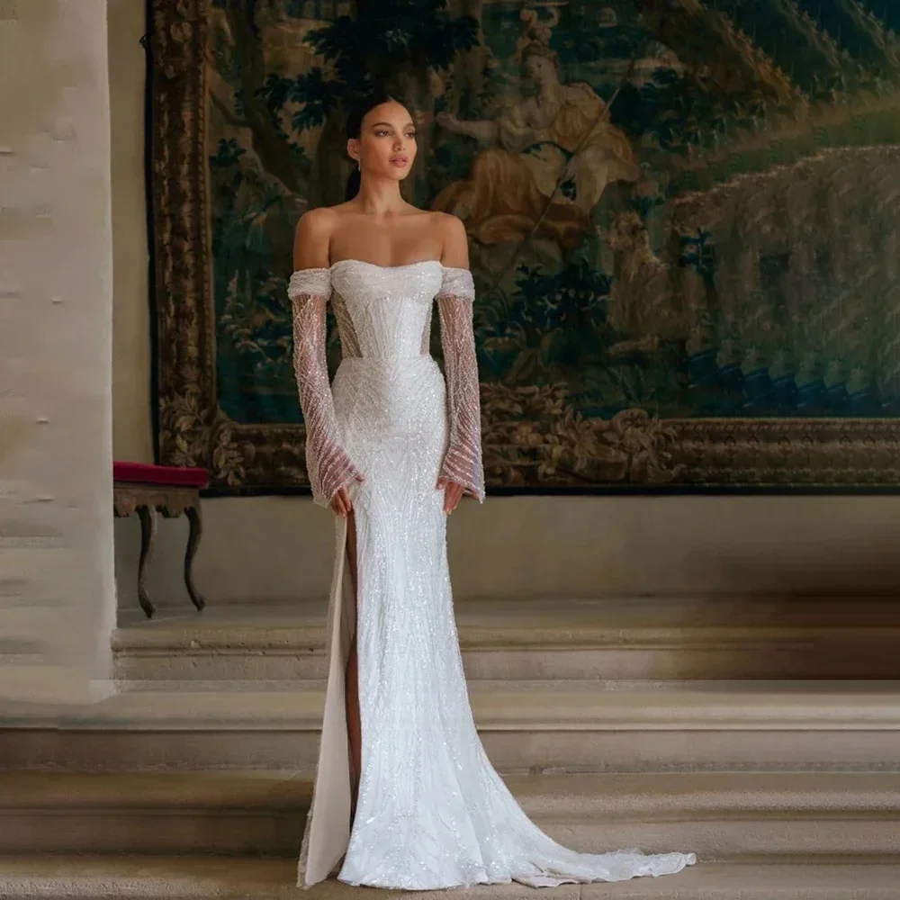 Customized  Gorgeous Off Shoulder Mermaid  Wedding Dress Beaded High Split Long Sleeve Bridal Gown Detachable Train Bride Dress