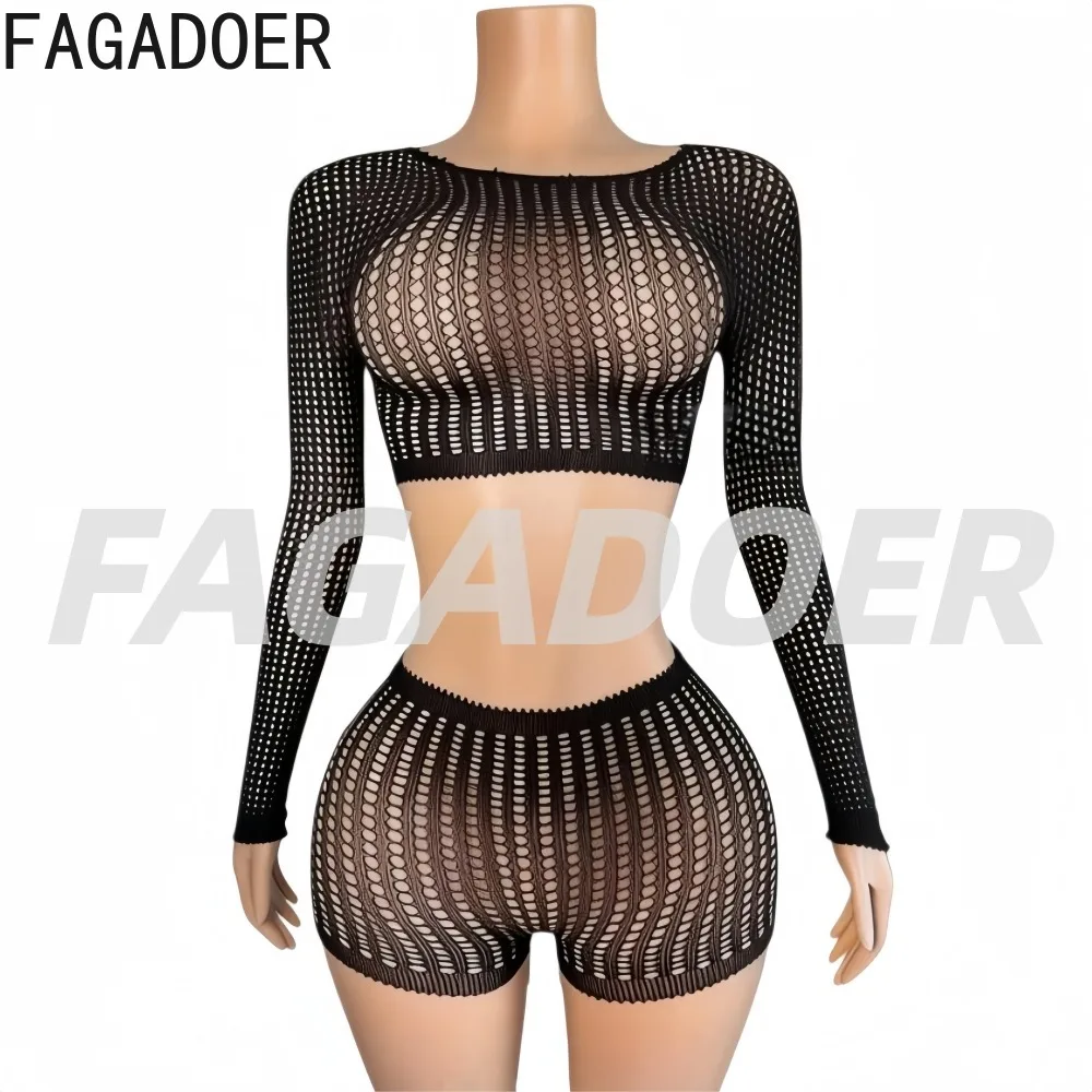 

FAGADOER Сексуальный вязаный облегающий комплект из двух предметов: женский укороченный топ с длинными рукавами и шорты с вырезами, новая женская уличная одежда