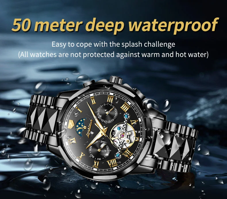 JINSHIDUN 8937 Automatische Herrenuhren Luxus Wolframstahl Skelett-Schwungrad Mondphase Kalender Wasserdichte Mechanische Uhren – Detail 6