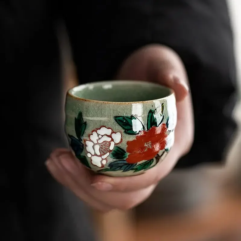 Flower ceramic teacup, handmade retro tea tasting cup, master cup gift set