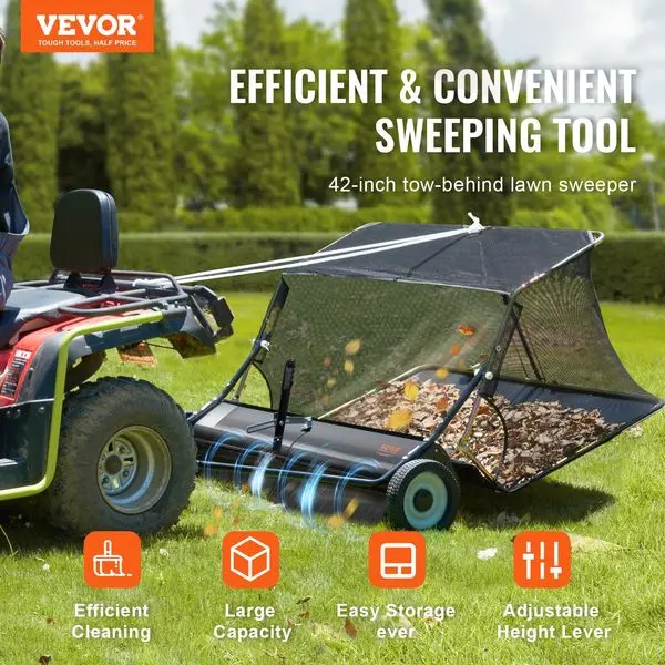 42 Inch Tow-Behind Lawn Sweeper, 12 Cu.Ft. Heavy Duty Grass & Leaf Collector with Adjustable Height and Dump Rope