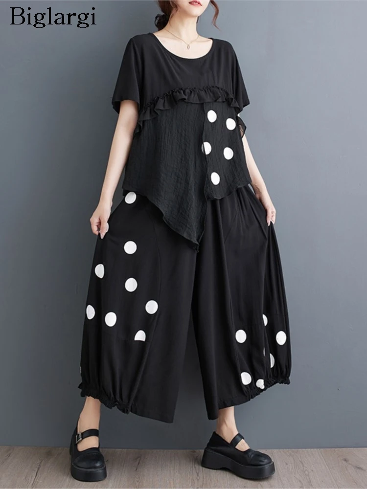 Oversized Polka Dot Print Summer 2 Two Piece Set Women Irregular Fashion Ladies Blouses Casual Loose Pleated Woman Lantern Pants