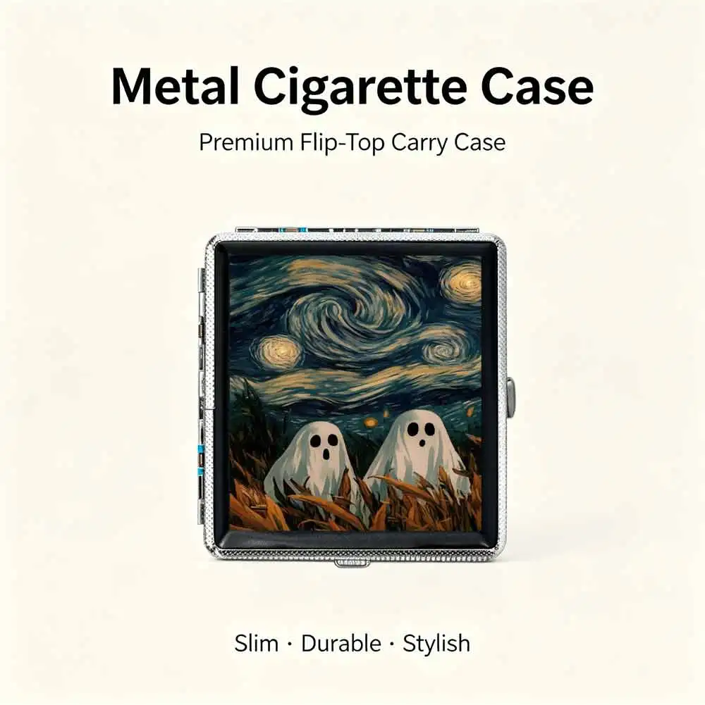 Starry Sky and Wheat Field Double Ghost Pattern Cigarette Case, Durable and Slim Design, Comfortable to Hold and Portable