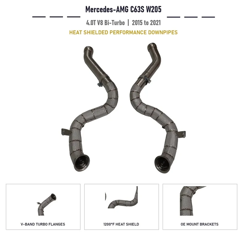 Direct Fit Heat Shielded Exhaust Downpipes Mercedes-AMG C63 C63S W205 4.0T V8 Bi-Turbo 3982 Cc SS304 Stainless 2015 to 2021
