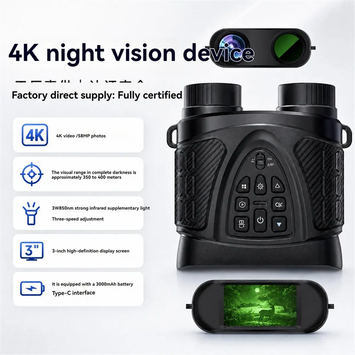 4K Night Vision Binoculars,8X Zoom Infrared Night Vision 350-400M Full Darkness View for Wildlife Observation