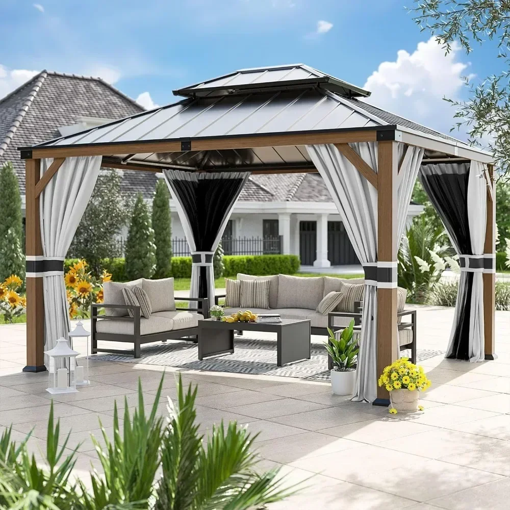 10x12FT Outdoor Patio Gazebo, Wood Grain Finish Aluminum Frame Gazebos and Galvanized Steel Double Roof, Curtain, Patio Gazebo