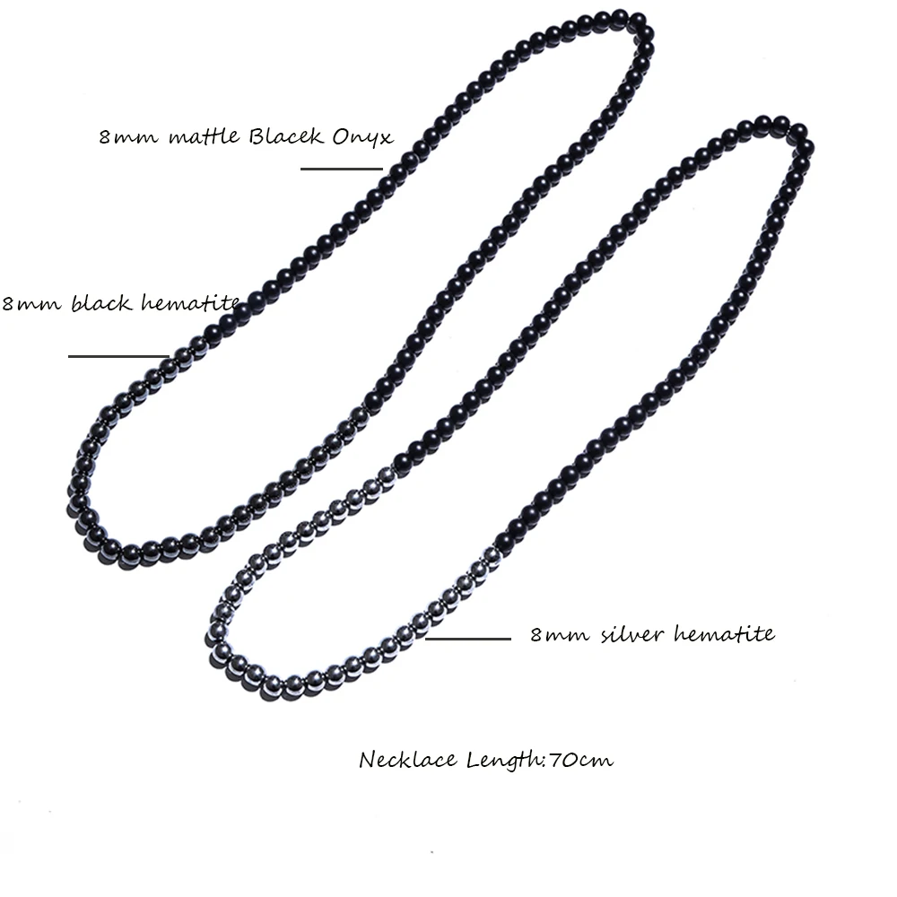 8mm Mattle Black Onyx with Hematite Beaded Long Necklace Jewelry for Men and Women