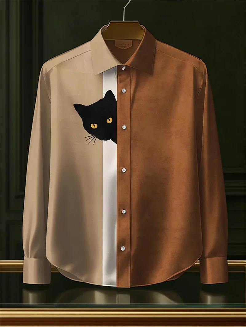 New Men's Long Sleeve Shirt Harajuku Men's Linen Hidden Black Cat Printed Casual Shirt Holiday 3D Bird Printed Top