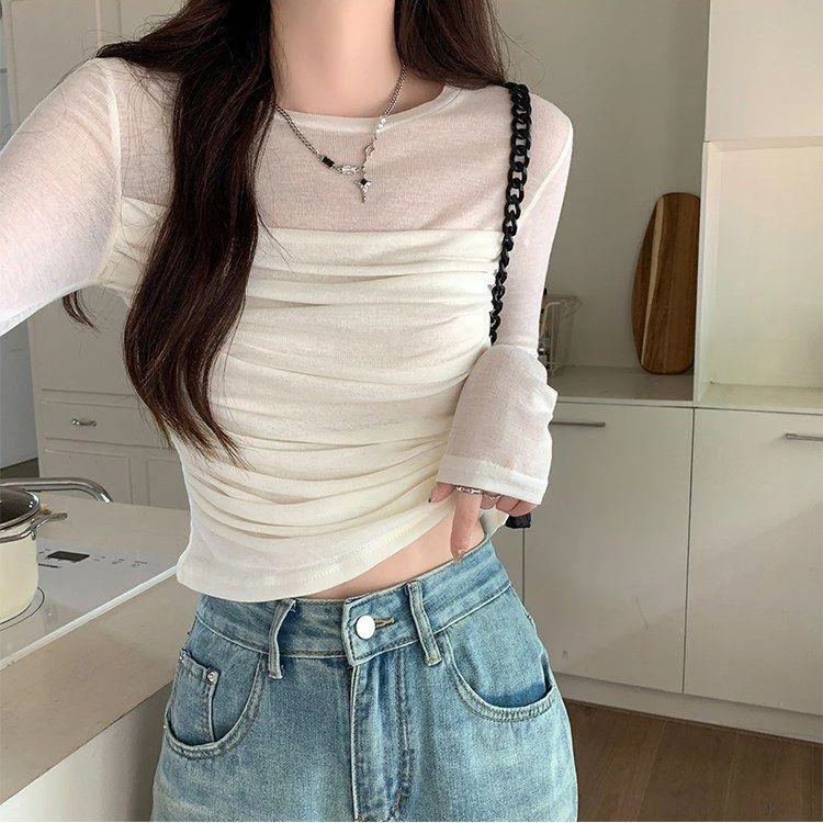 Slimming Pure Desire Long Sleeve Mesh Base Shirt Women's Autumn Design Folded Hem Tight Fit Short Top Trendy round Neck T-shirt