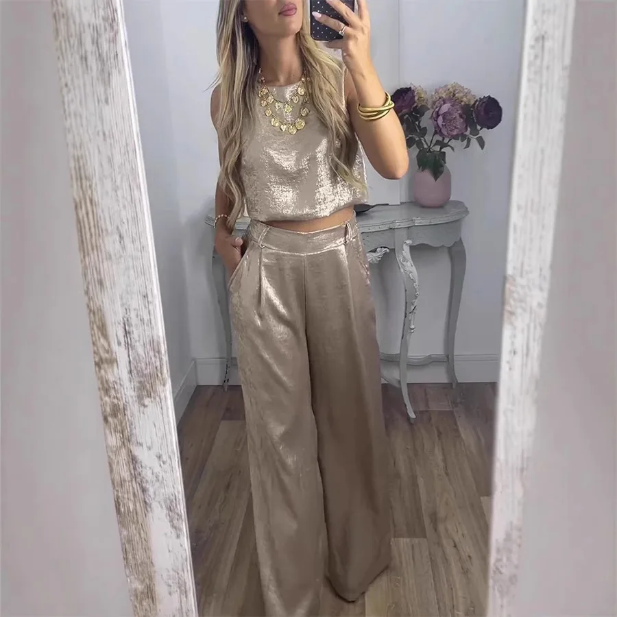 

Amazon Independent Station Cross-Border European American Women's Fashion Vest And Long Pants High-Waisted Casual Two-Piece Set