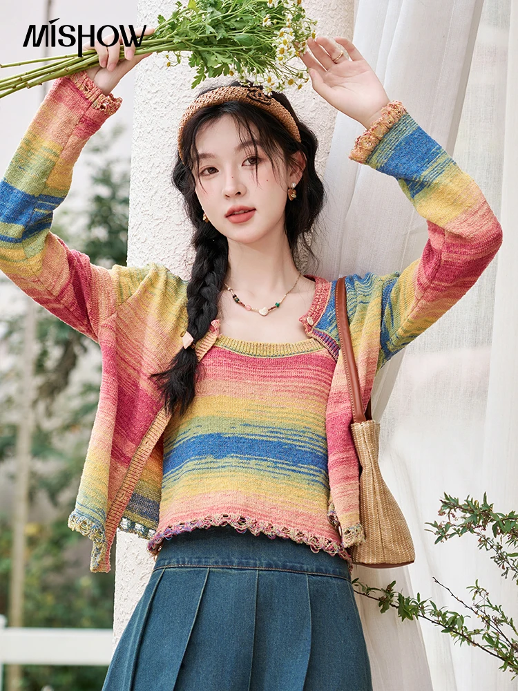 

MISHOW Rainbow Striped Suspender Vest Separately 2024 Cuff Hollow Out Hem Thin Knitted Sun Protection Cardigan MXD14Z0549