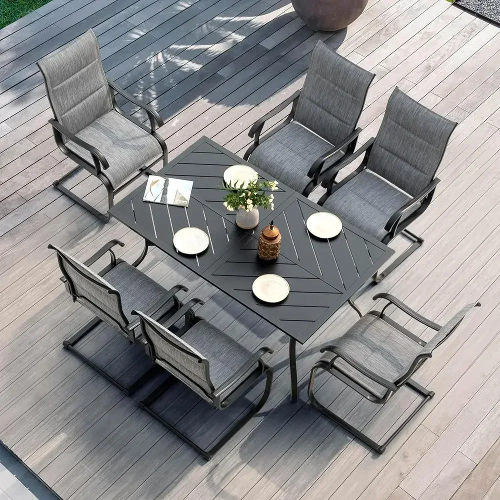 7-Piece Outdoor Dining Set with 6 Padded Chairs, 61 Rectangular Table, Umbrella Hole, Light Grey & Black