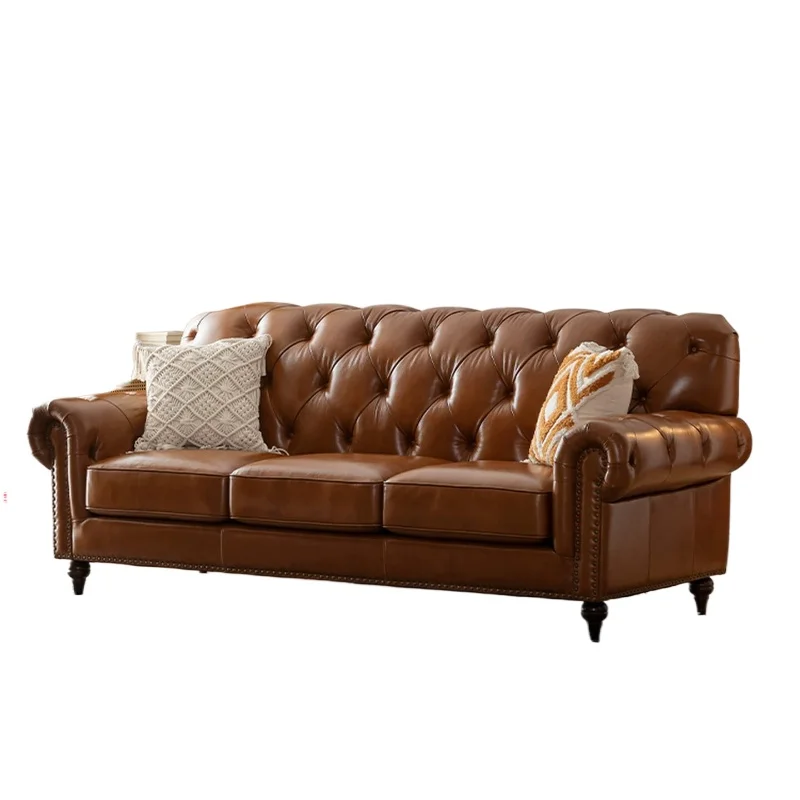 

CX living room three-person caramel-colored leather sofa, retro buckle straight row, light luxury furniture