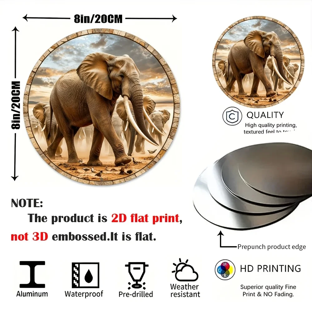 2D Flat - 2D Plane, 1pc, Round Aluminum Decorative Sign (8*8Inch/20*20Cm), Retro African Elephant (4) Theme, Suitable for Home R