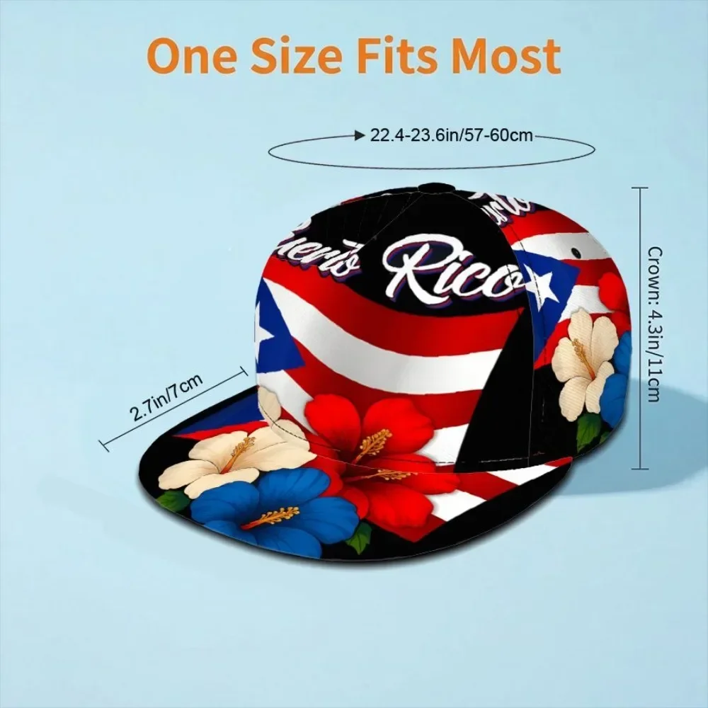 Custom Hats 1pc Puerto Rican Flag And Hibiscus Flower 2D Flat Pattern Fashionable Baseball Cap, Sun Hat, Hip-Hop Hat