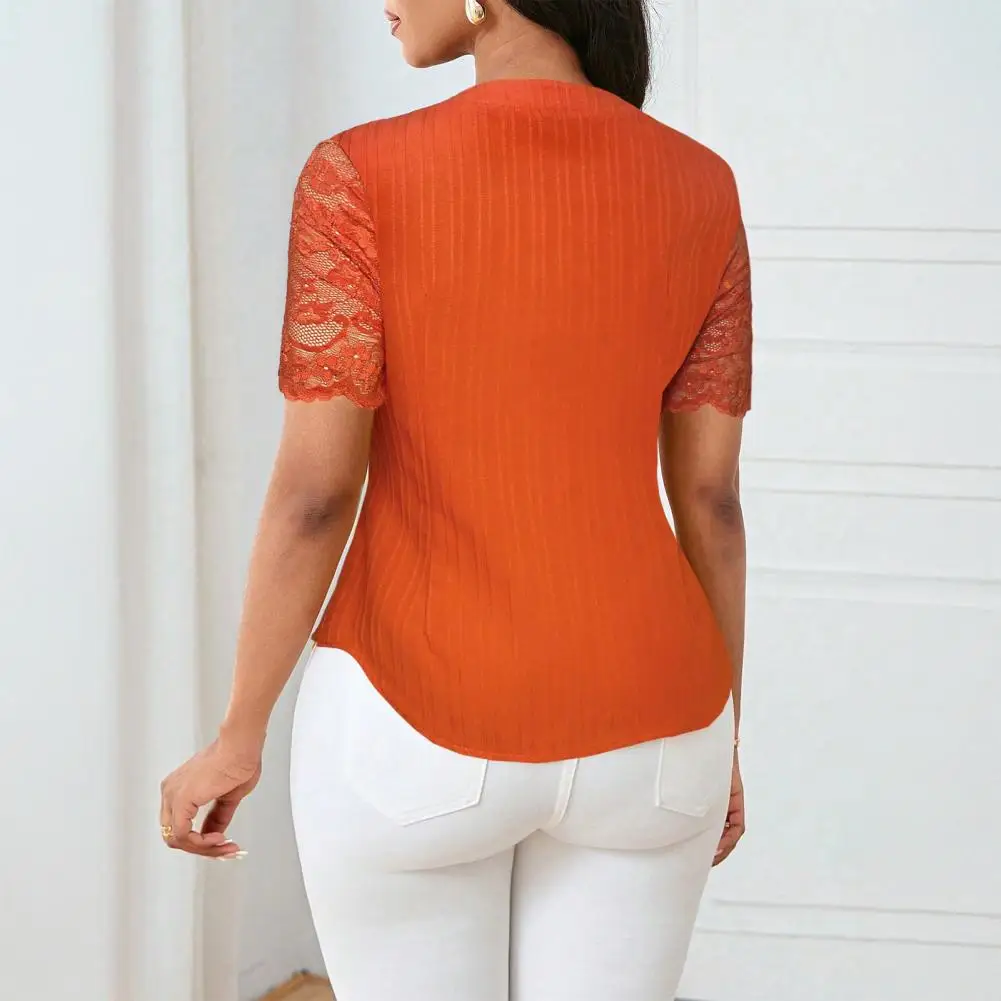 Lace Splicing Design Shirt Tops Women’s V-neck Lace Blouse Short Sleeve Hollow Splicing Top Shirt for Work Party Vacation Wear