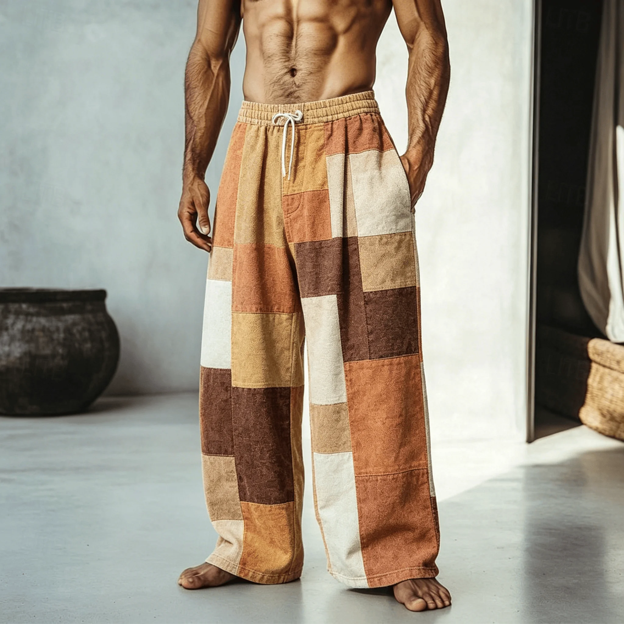 Men's Tie-Dye Print Patchwork Drawstring Pants, Casual Loose Wide-Leg Trousers for Summer Beach and Daily Wear