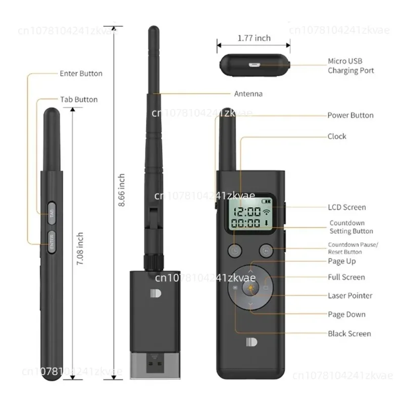 LCD Display Screen Green Light RF Remote Control 300M Distance Wireless PPT Pointer Click Demonstration