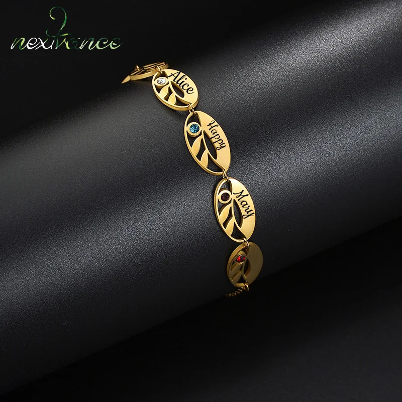 Nectvance Personalized Custom Elliptical On Leaves With Stones Bracelet Stainless Steel Jewelry Engrave 1-6 Names  For Women