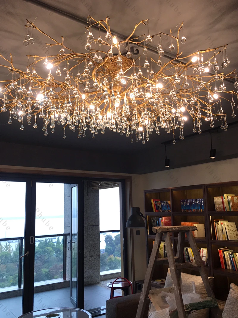 

Life of the tree Branches Artistic Crystal Ceiling Light For Living Room Water Drop Hanging Lamp for Bar Salon Brass Big Pendant