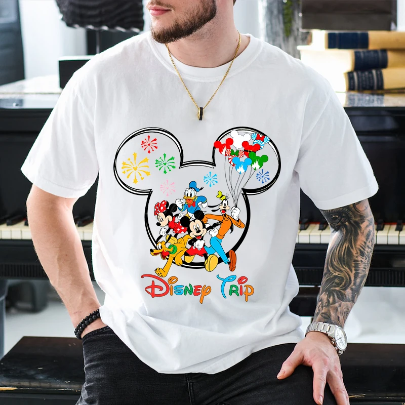 

Disney Mickey and Family Trip Print Men's T-Shirt Pure Cotton Short Sleeve Casual Top Adult Clothing