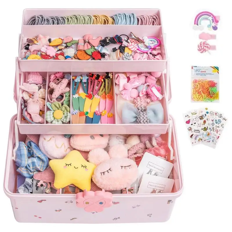 3-layer Cute Little Girl Jewelry Box Children's Jewelry Storage Box Waterproof Headwear Case With 6 Sticker Hair Tie For Bedroom