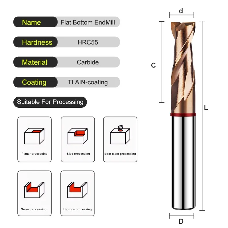 GAMONT TGR-HRC55 2F Color Circle Flat End Mill Tungsten Steel Carbide Alloy Coating Milling Cutter CNC Machining Endmills Tools