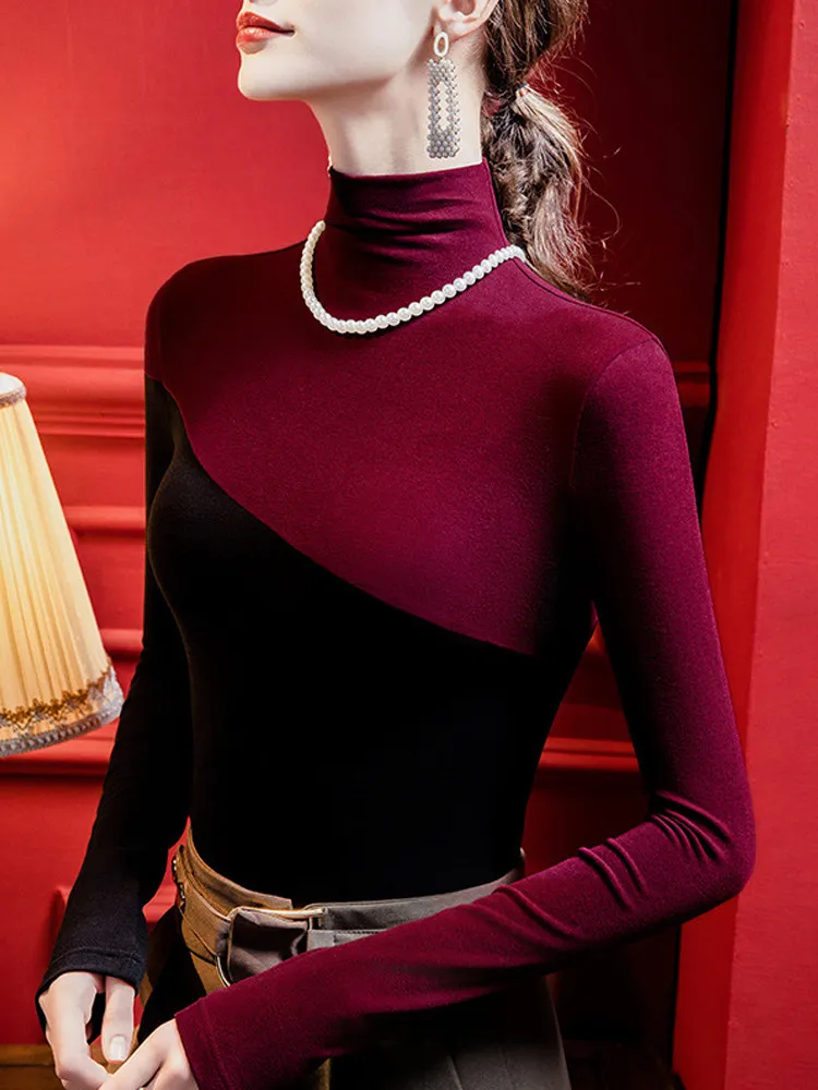 2026 Autumn Winter Women Turtleneck Top Color Block Brushed Long Sleeve Slim Fit Elegant Layering Undershirt Blouse