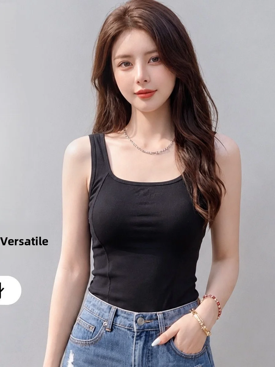 Women's Slim Fit Tank Top Square Collar Sleeveless Summer Cotton 95% Elastic Fiber 5% Base Layer Shirt for Inner And Outer Wear