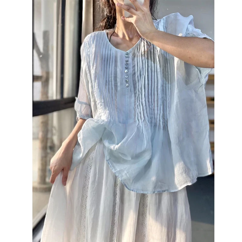 Johnature 2024 New Solid Color O-neck Pleated Women Blouses Summer Vintage Mori Ramie All Match Button Female Shirts