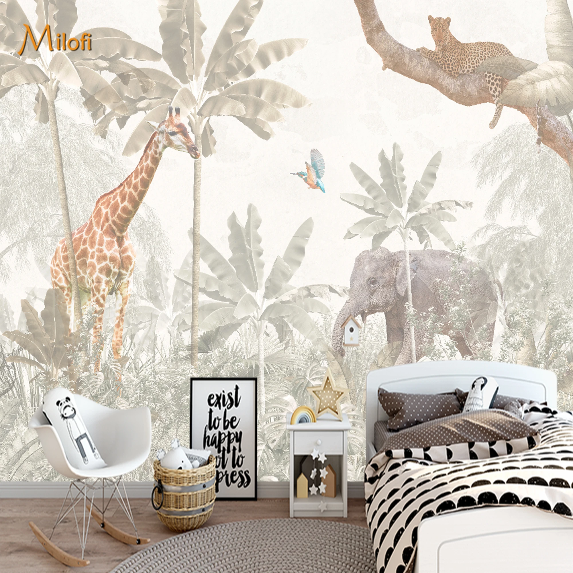Custom Mural Wallpaper Kids Peel And Stick Wall Safari Animal Giraffe Elephant Tropical Jungle For Nursery Bedroom Home Decor
