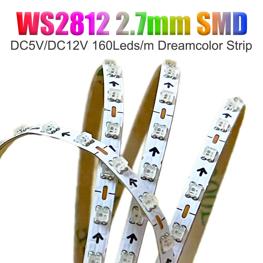 DC5V DV12V WS2812B 2.7mm Ultra Narrow LED Strip Dream Color WS2812 Individually Addressable 2020SMD 160Leds/m Samrt Pixel Light