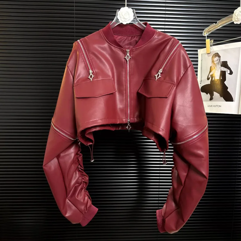 HKSH Herbst Neue Frauen PU Leder Jacke Stehkragen Langarm Plissee Zipper Streetwear Punk Techwear Chic Kurzen Mantel HK10136