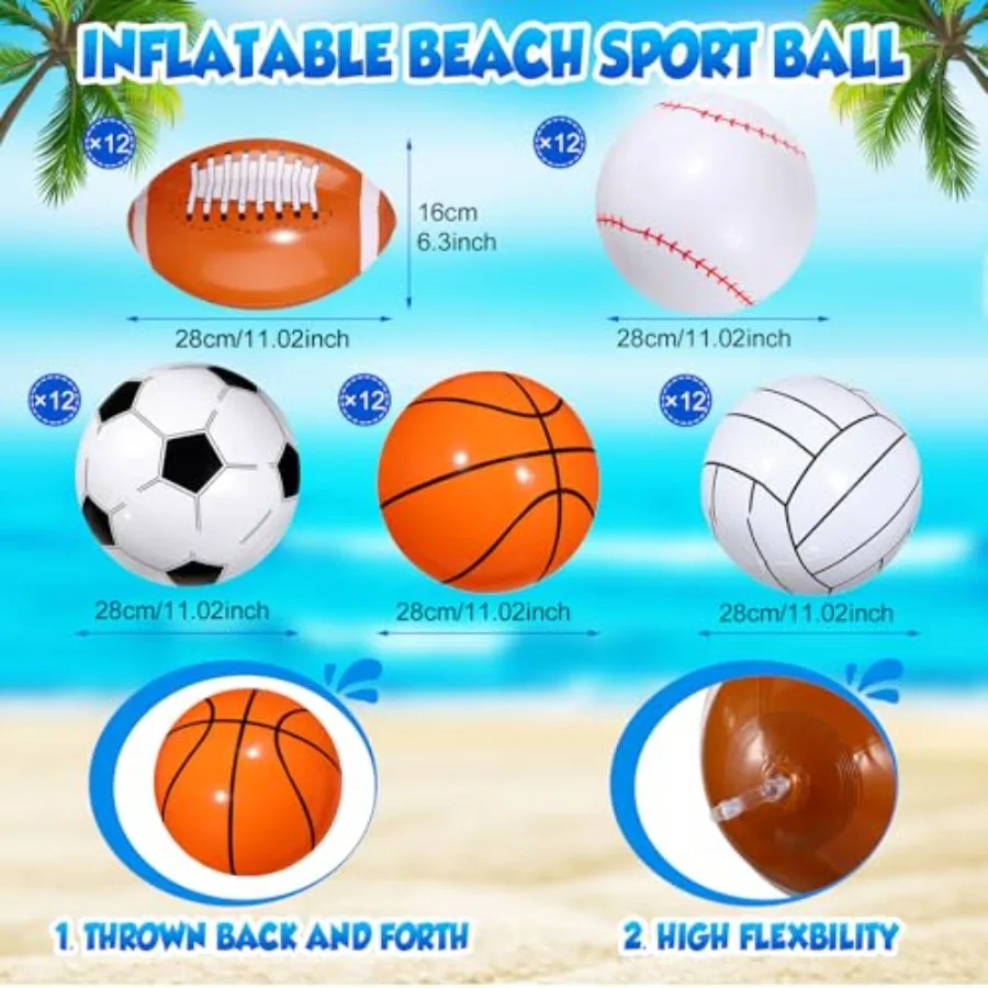 60 Pieces 16 Inch Inflatable Sport Balls 5 Styles Sport Beach Balls Swimming Pool PVC Ball Bulk Blow up Sports Party Decoration