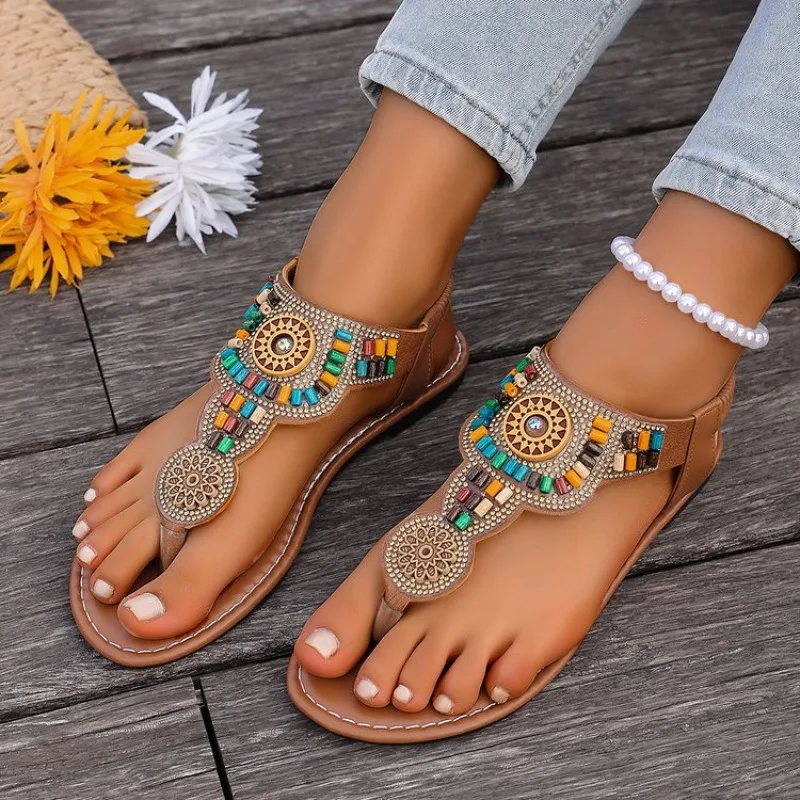 Sandalias Planas de Estilo Bohemio para Mujer, Sandalias Gladiador con Punta Abierta, Sandalias Retro de Verano para Mujer, Zapatos Casuales de Playa Antideslizantes, Chanclas
