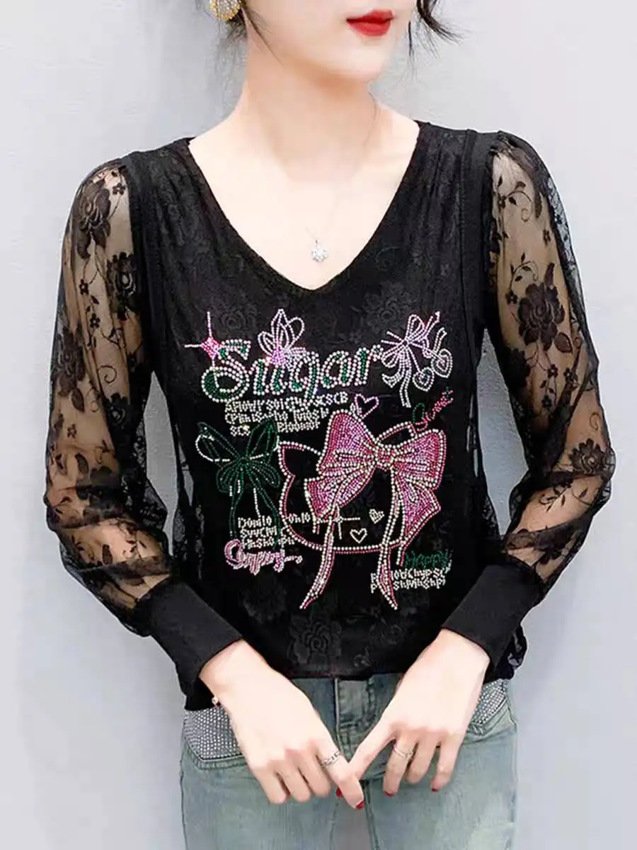 2025 جديد وصول الماس مجموعة مقوس دانتيل الفن الساحرة تي شيرت الربيع الصيف امرأة طويلة الأكمام فانوس كم شير عارية الذراعين