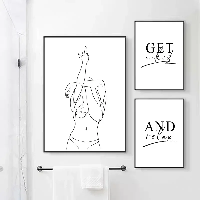 Black White Get Naked and Relax Bathroom Woman Naked Line Drawing Canvas Decorative Paintings Wall Art Home Decor