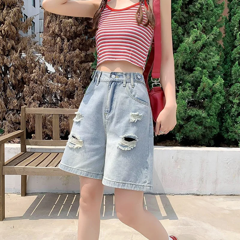 

GUUZYUVIZ Loose Ripped Jean Shorts Women Summer Koreans Style Casual High Waist Hole Straight Denim Short Femme