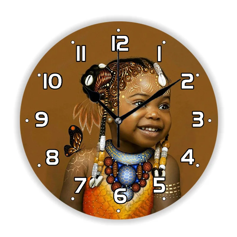 Cute Braided Black Girl Wall Clock for Kid Bedroom Nursery Afro Art African American Princess Large Wall Watch Home Decor Gift