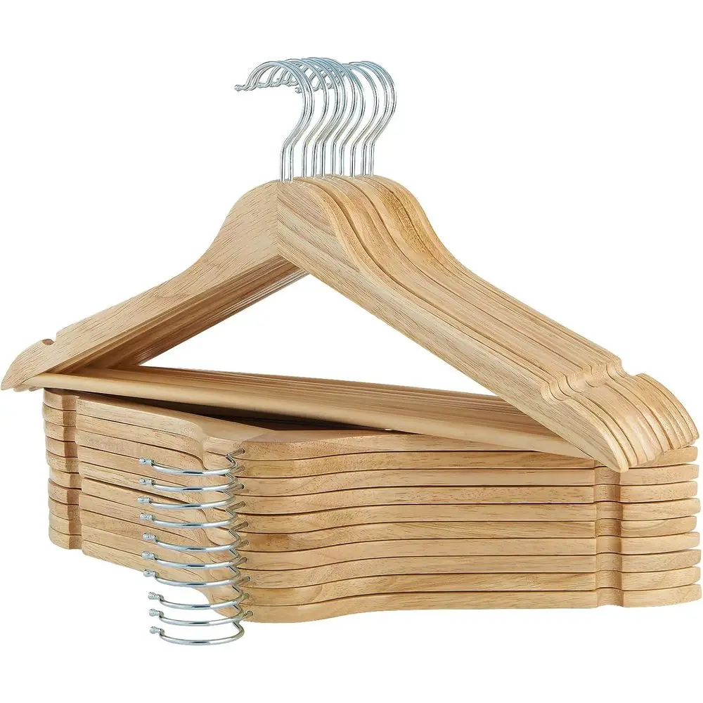 20 Pack Natural Wooden Suit Hangers with Smooth Finish, Notched for Neckwear, Chrome Swivel Hooks
