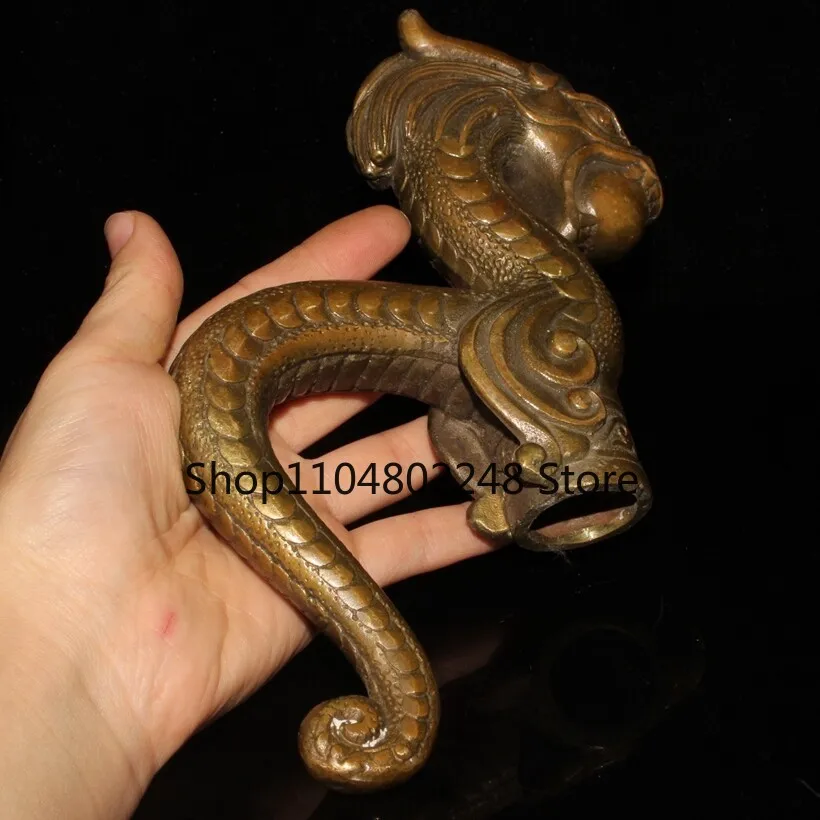 Exquisite Old Chinese brass copper handmade Dragon crutch head statue 5029